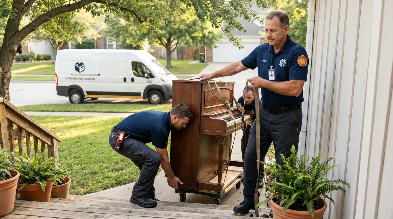 Licensed piano movers securing grand piano in Basin, WY